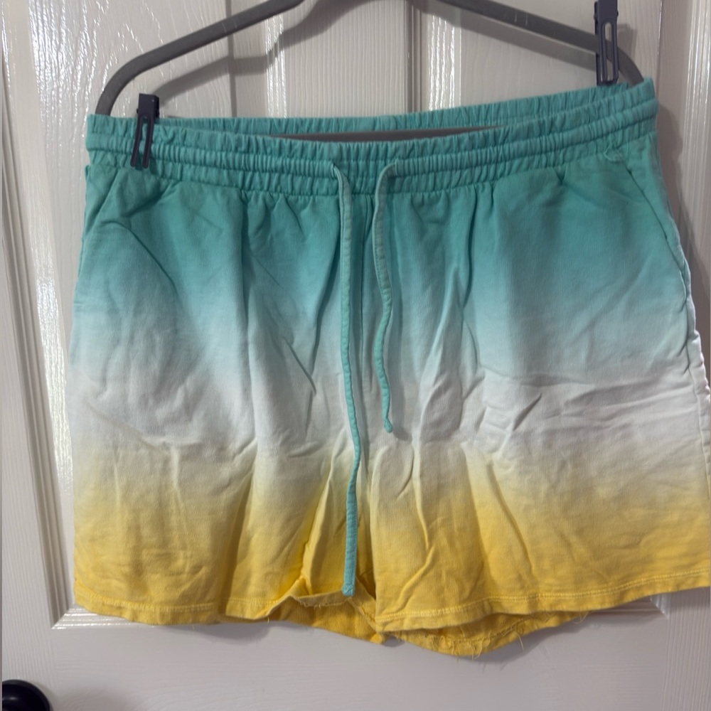 Zenana Outfitters Gradient Teal White Yellow Athletic Shorts